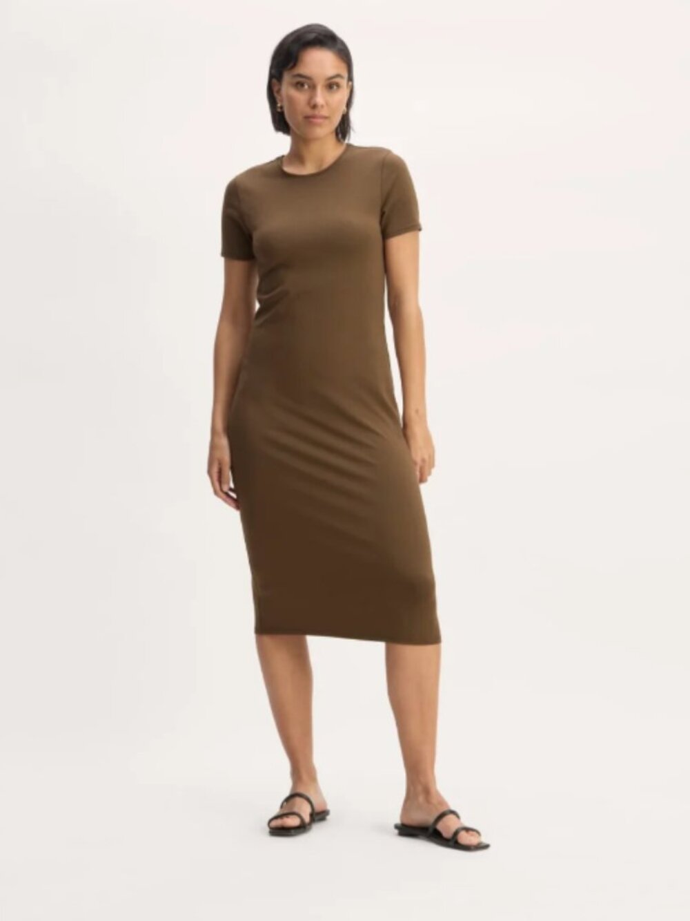 Everlane The Form Dress Cocoa Brown Supima Cotton Midi Short Sleeve XL NWT